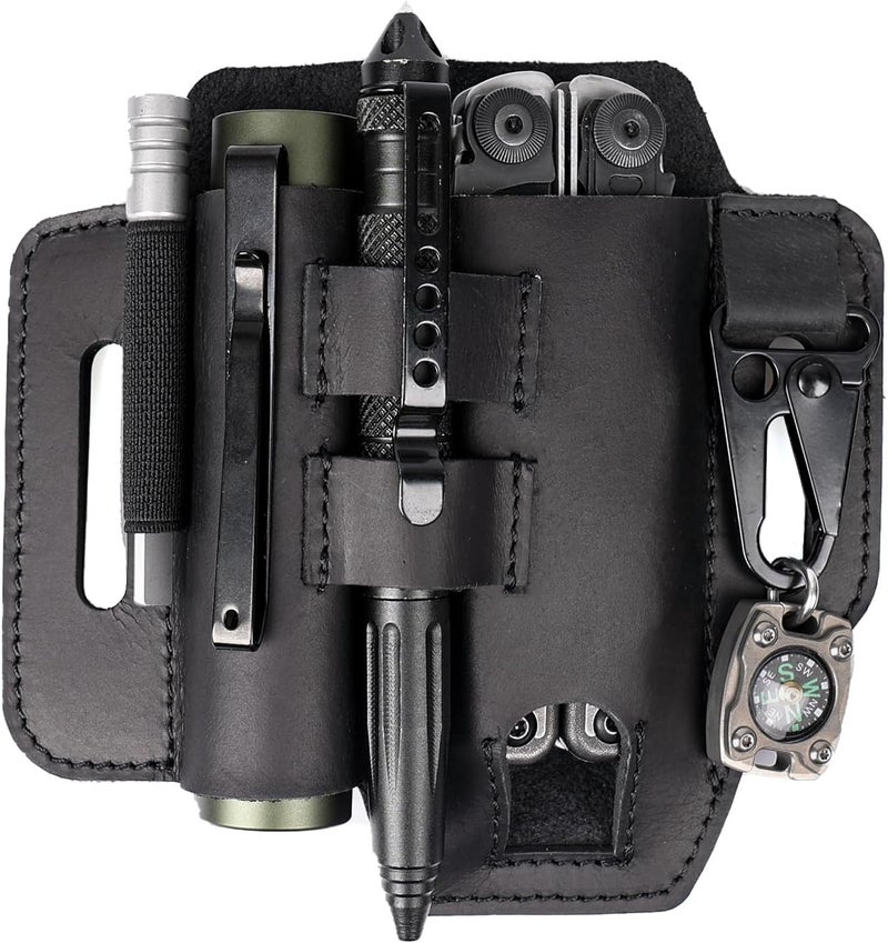 topstache Multitool Sheath for Belt - EDC Belt Organizer - Leather Multitool Holster with Flashlight Holder, Elastic Band Pen Holder and Keychain Clip - Multitool Holder - Multitool Pouch, Black - Image 1